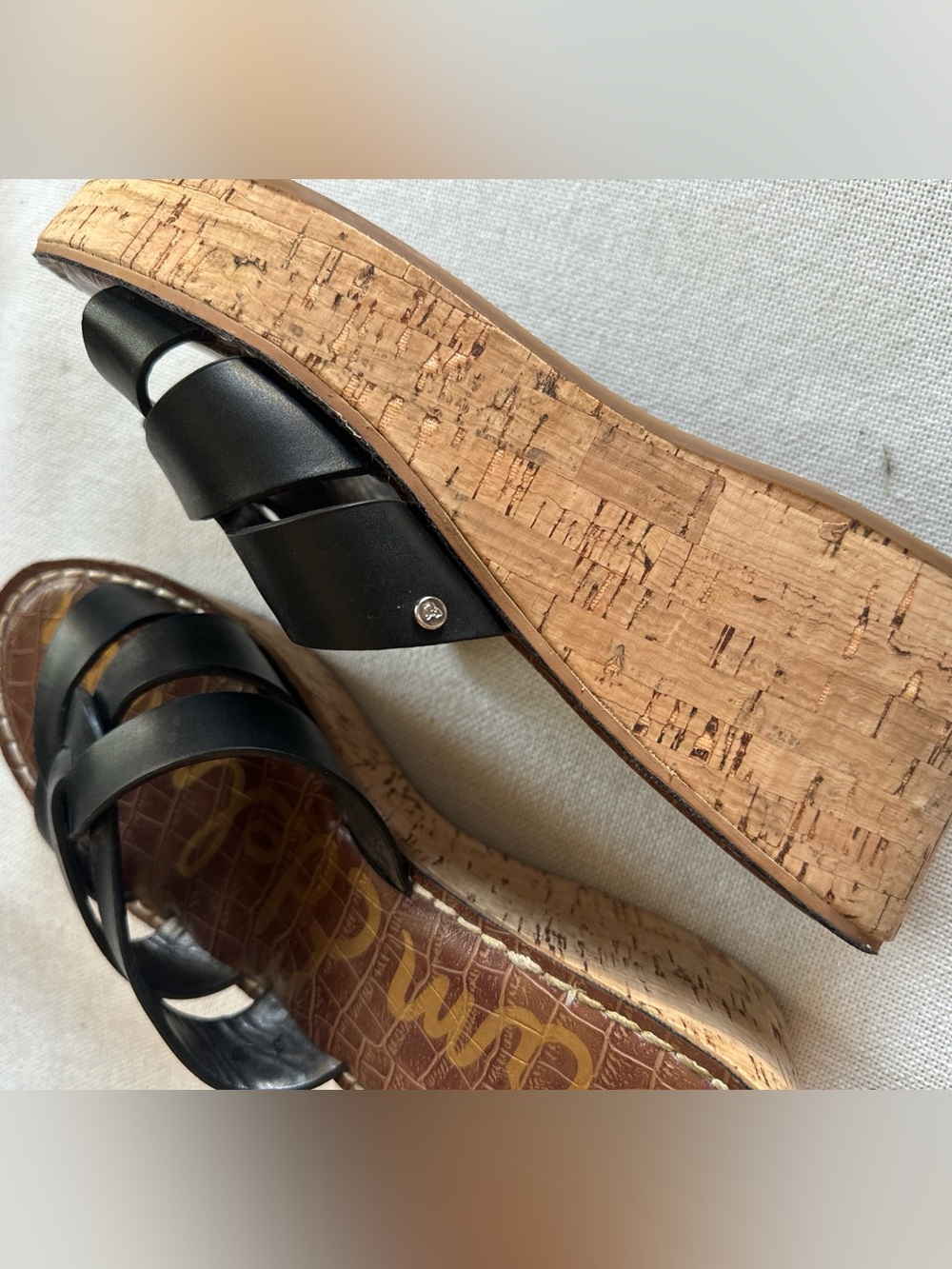 SAM EDELMAN Raynere Black Leather Cork Wedge Platform Sandals Slide | 9 NWOB - Picture 4 of 10